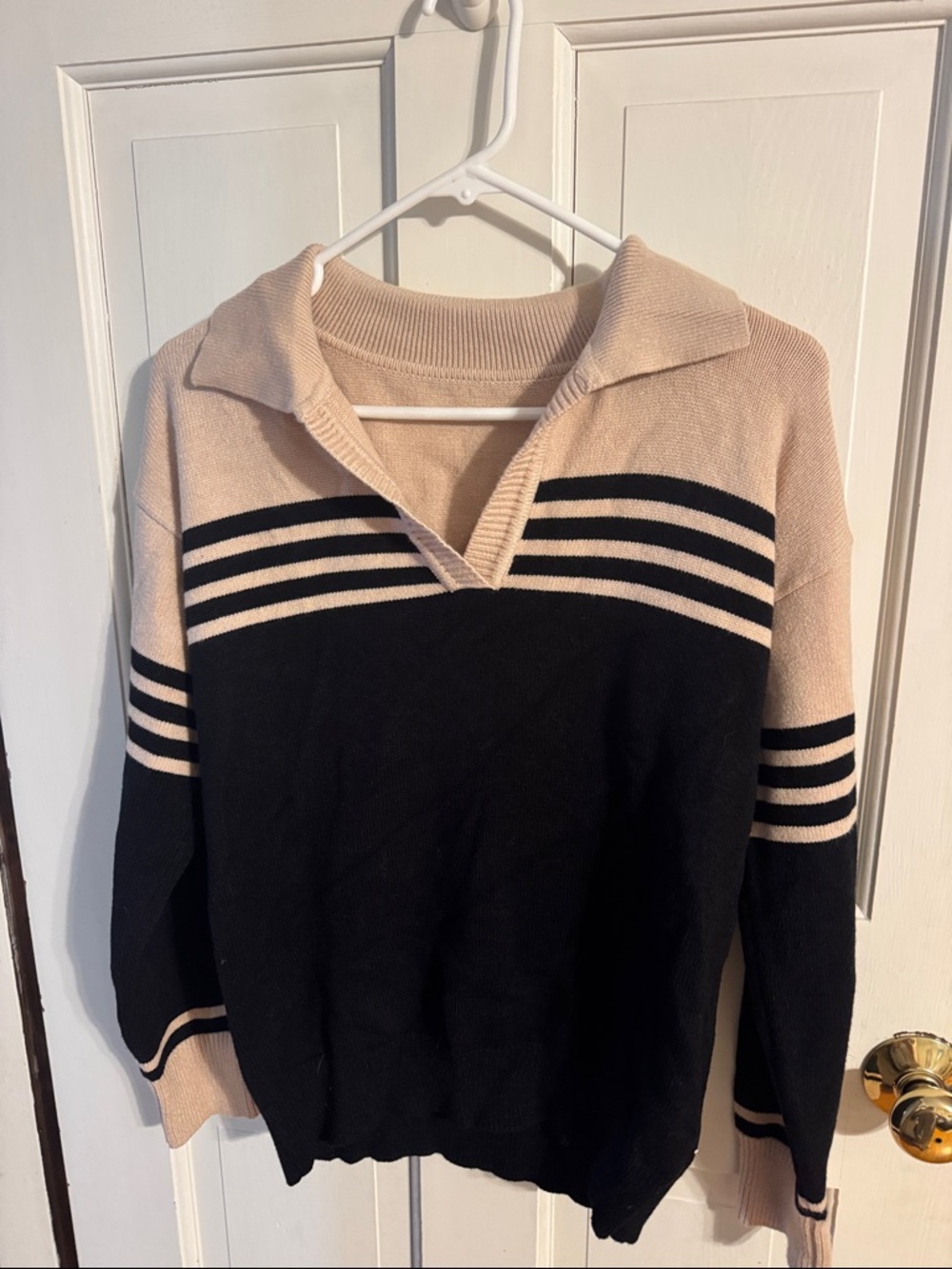 Beige and Black Striped V-Neck Collared Women's Sweater
